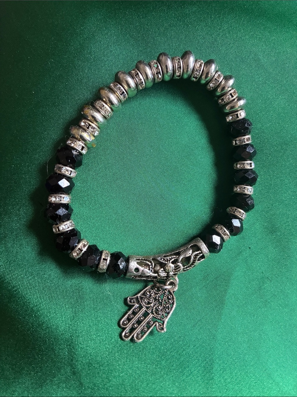 Silver and Black Hamsa Charm Beaded Bracelet